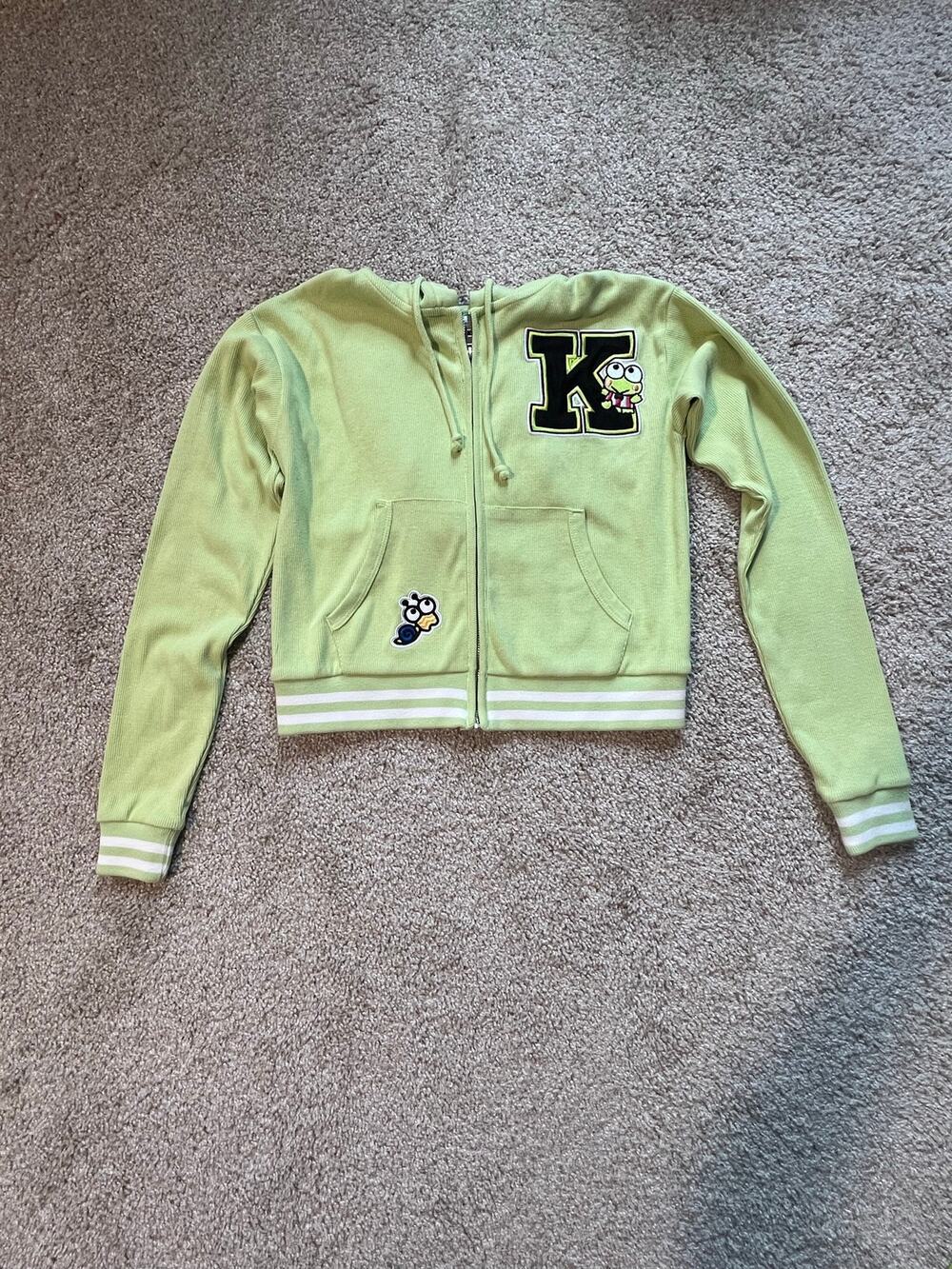Keroppi Sanrio Cropped Zip Up Hoodie Green Y2K Kawaii Harajuku Fairy Grunge XS